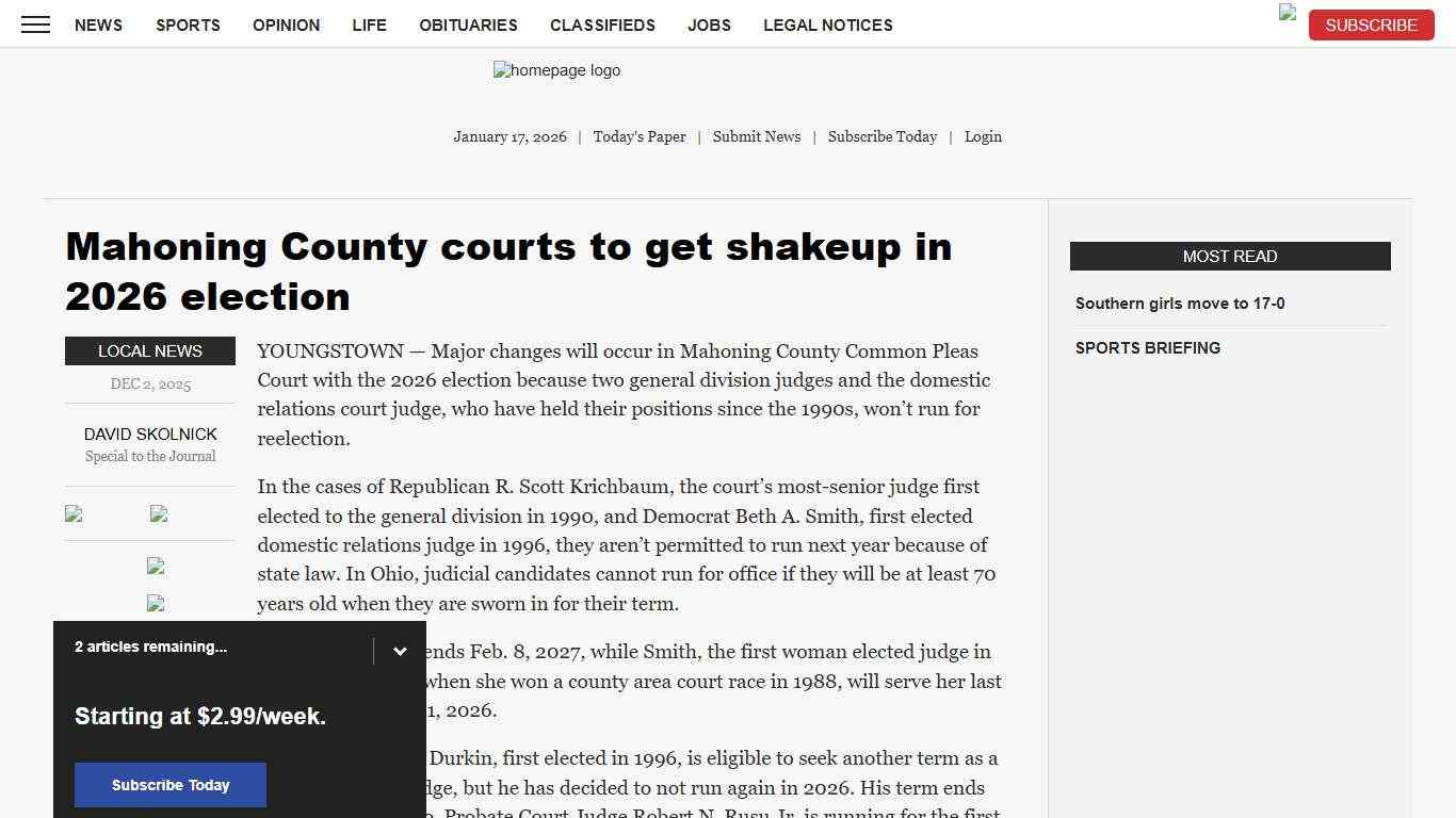 Mahoning County courts to get shakeup in 2026 election | News, Sports, Jobs - Morning Journal