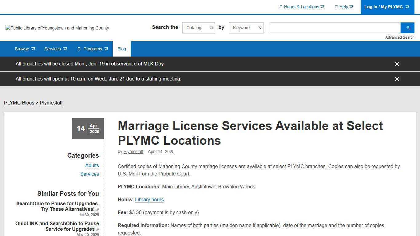 Marriage License Services Available at Select PLYMC Locations | The Public Library of Youngstown & Mahoning County